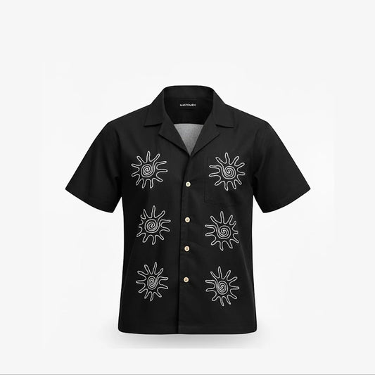 Bagrubazzar Black Embroidered Sun Spiral Cuban Collar Short Sleeve Shirt (BBKL04)