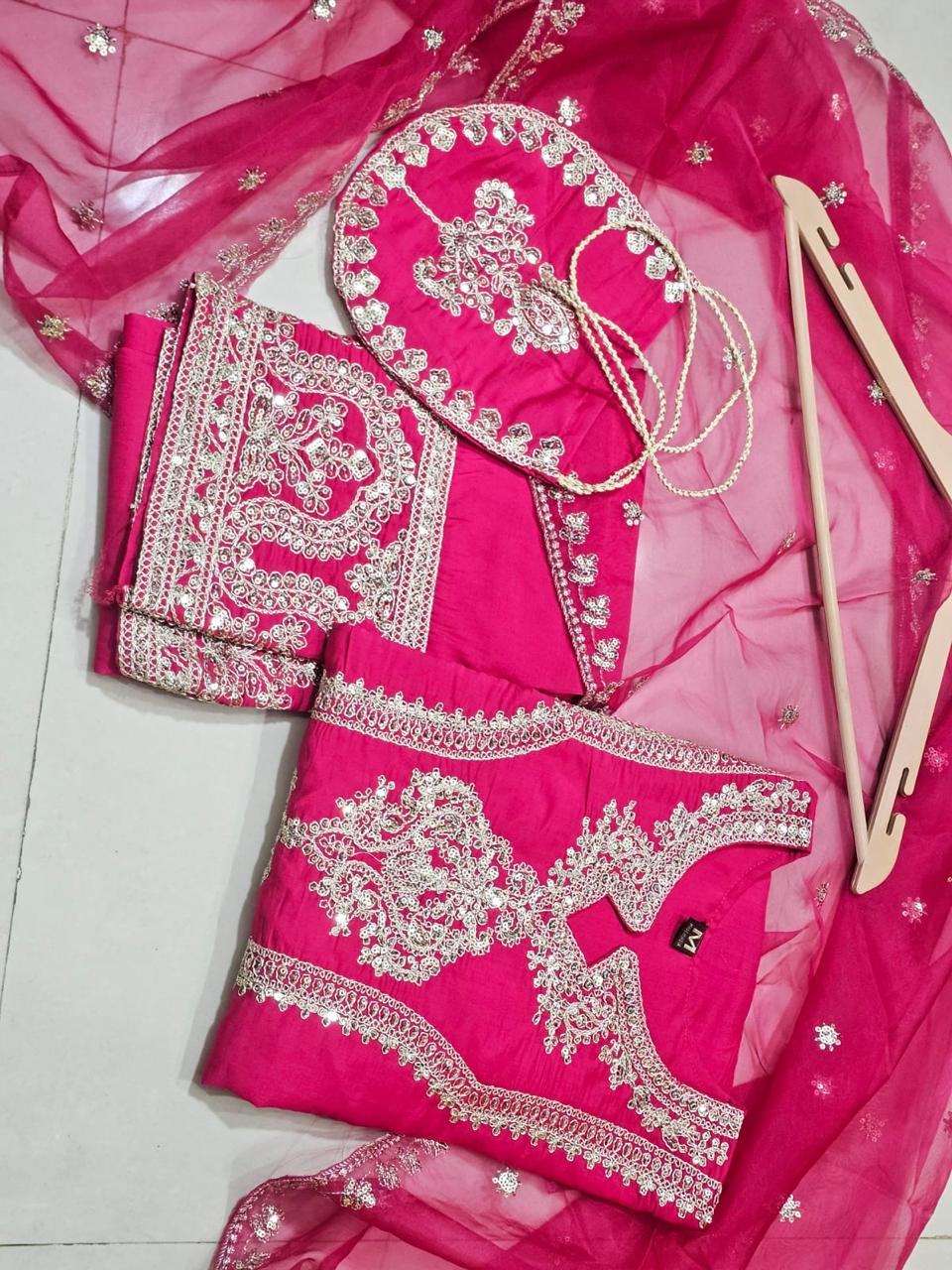 Women’s Designer Roman Silk Kurta Pant Dupatta Set with Potli Bag – Heavy Embroidery Ethnic 3 Piece Suit