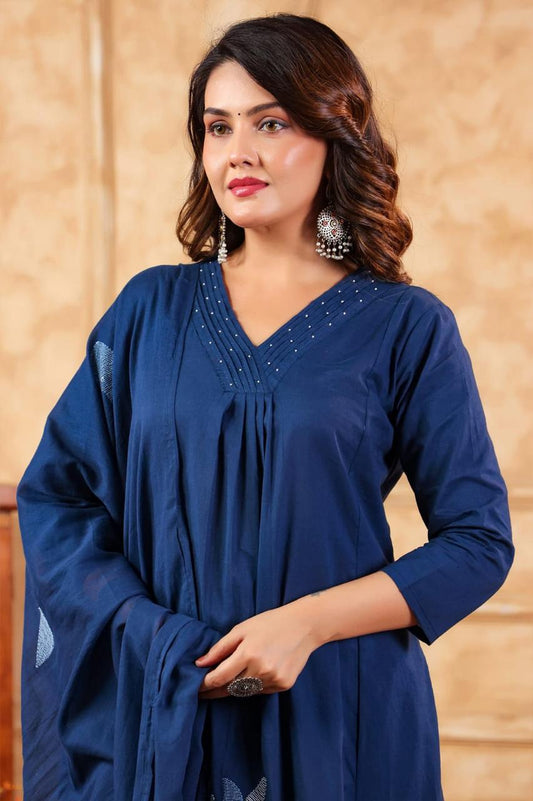 Women’s Cotton Embroidery Kurta Set with Pant and Malmal Dupatta – Traditional Ethnic Outfit