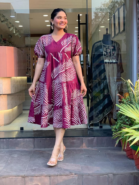 Women Purple Palm Leaf Printed Cotton Midi Dress – V-Neck Tiered Casual Dress