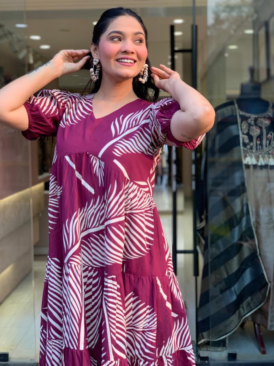 Women Purple Palm Leaf Printed Cotton Midi Dress – V-Neck Tiered Casual Dress
