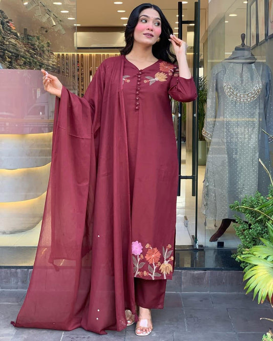Bagrubazzar Women’s Embroidered Cotton Three-Piece Suit with Dupatta