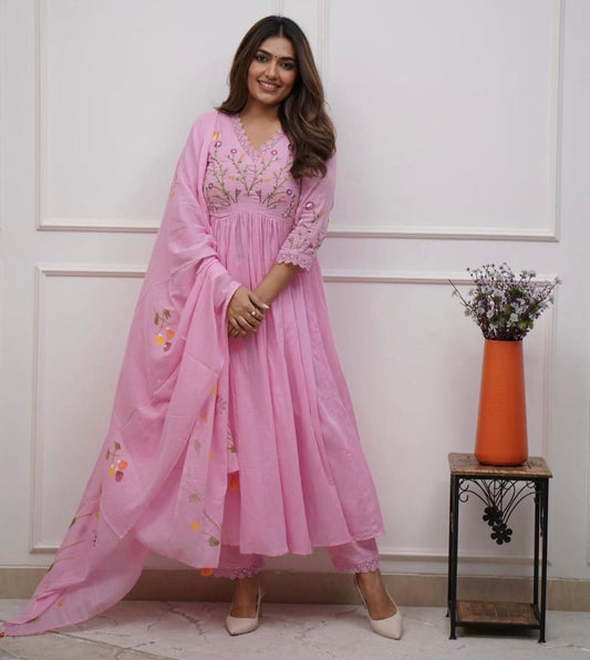 Premium Cotton Strength Kurta Set for Women with Embroidered Neck Design & Pants