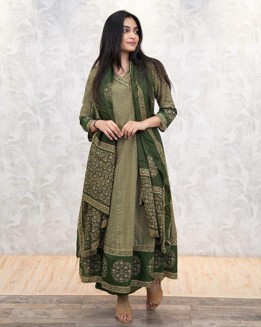 Beautiful Cotton Zig-Zag Angrakha Style Anarkali Kurti Set with Pant & Mulmul Dupatta