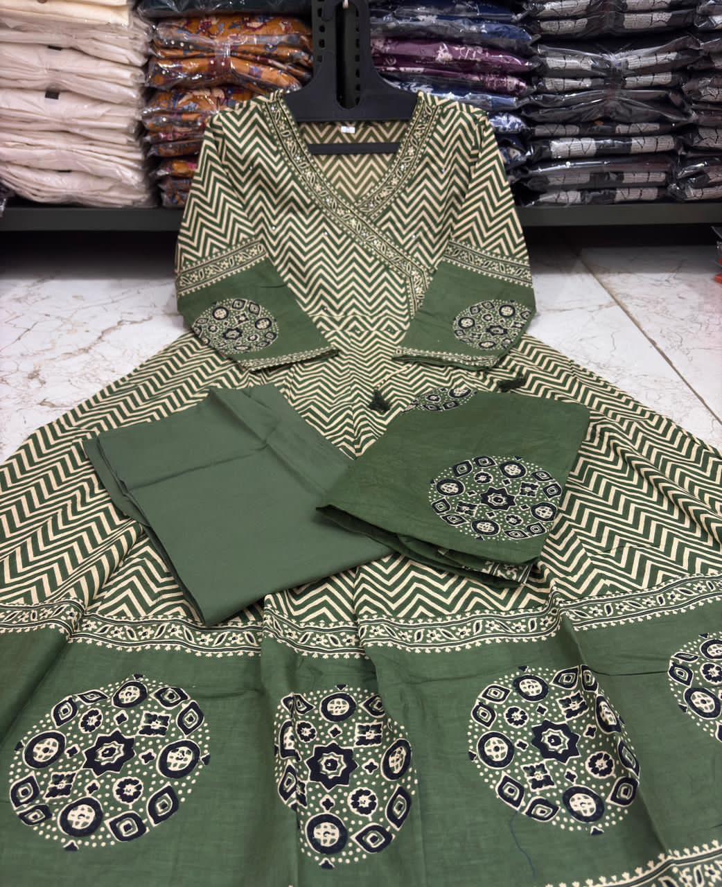Beautiful Cotton Zig-Zag Angrakha Style Anarkali Kurti Set with Pant & Mulmul Dupatta