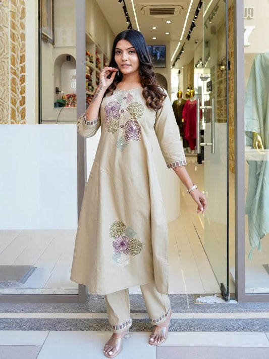 Beautifully Cotton flex cord set kurta set with full embroidery work With both side pocket in kurti on pocket with embroidery work
