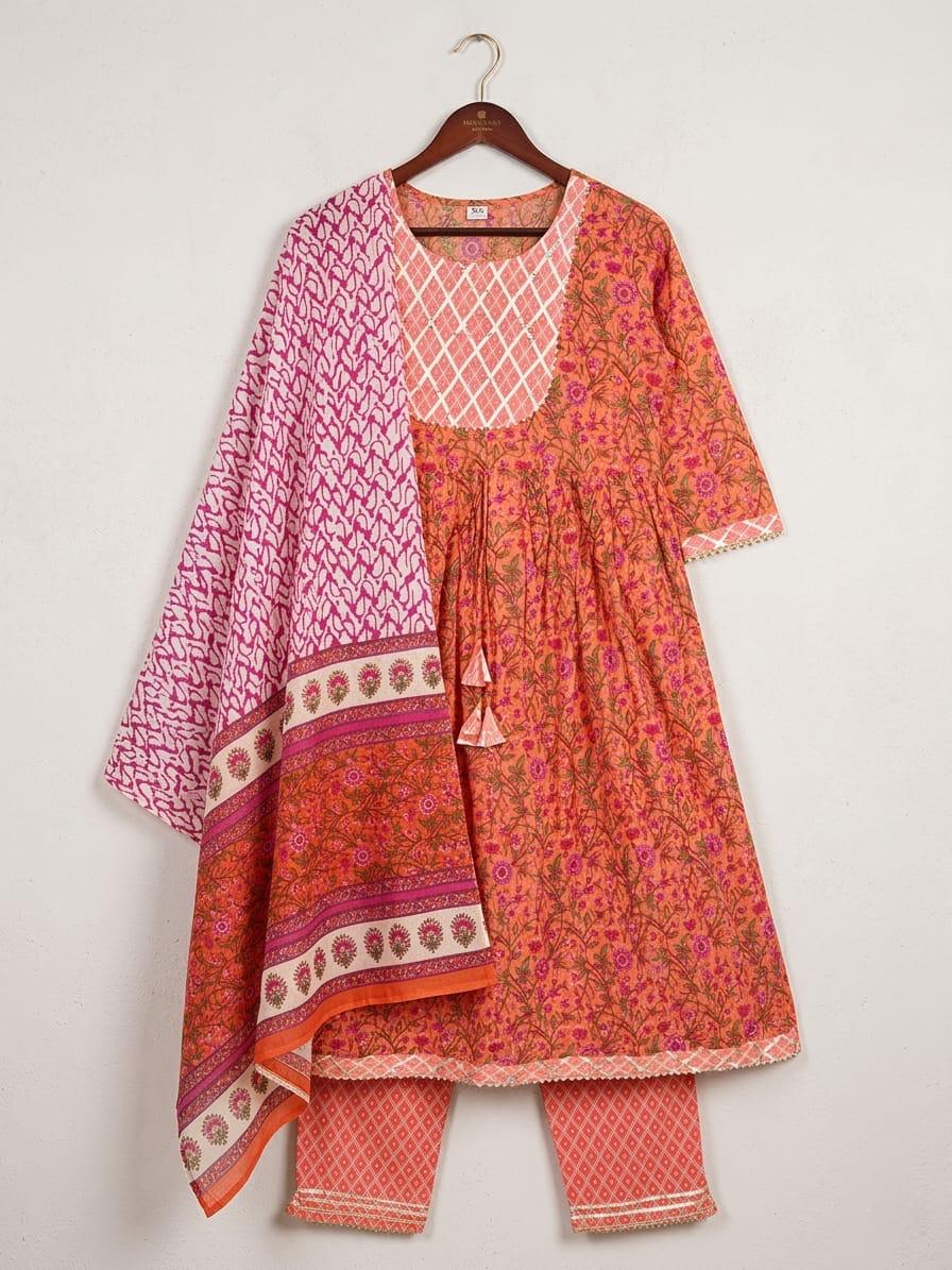 Elegant Heavy Printed Anarkali Suit Set with Gota Lace Work Yoke & Mulmul Dupatta
