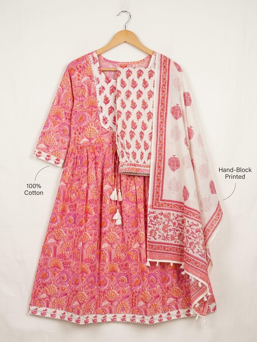 Designer Heavy Anarkali Suit Set with Prossen Print, Gota Lace Yoke & Matching Pants