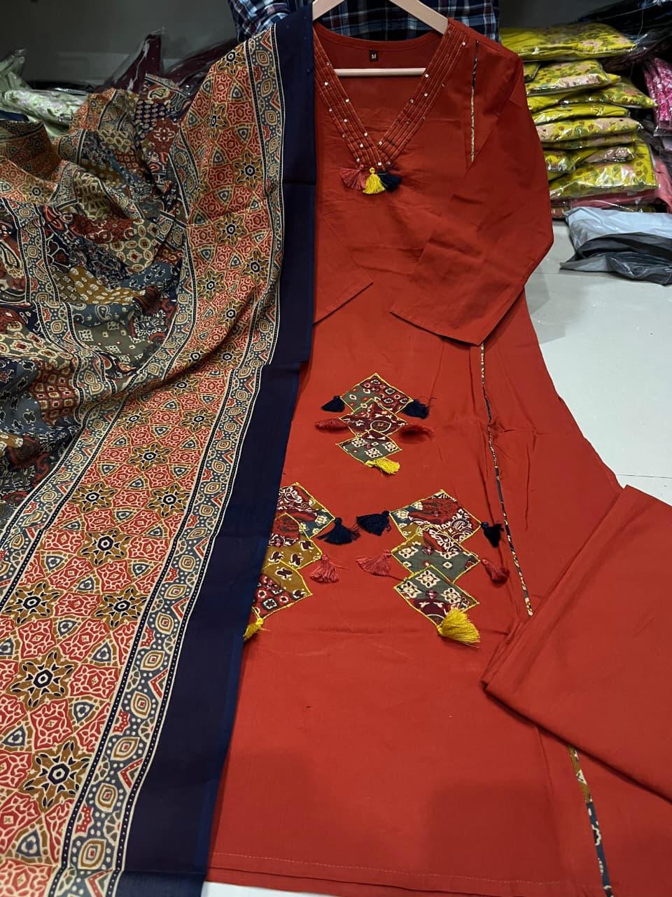 Pure Cotton Kurti Pant Set for Women with 100% Cotton Dupatta – Handwork Neck Ethnic Suit