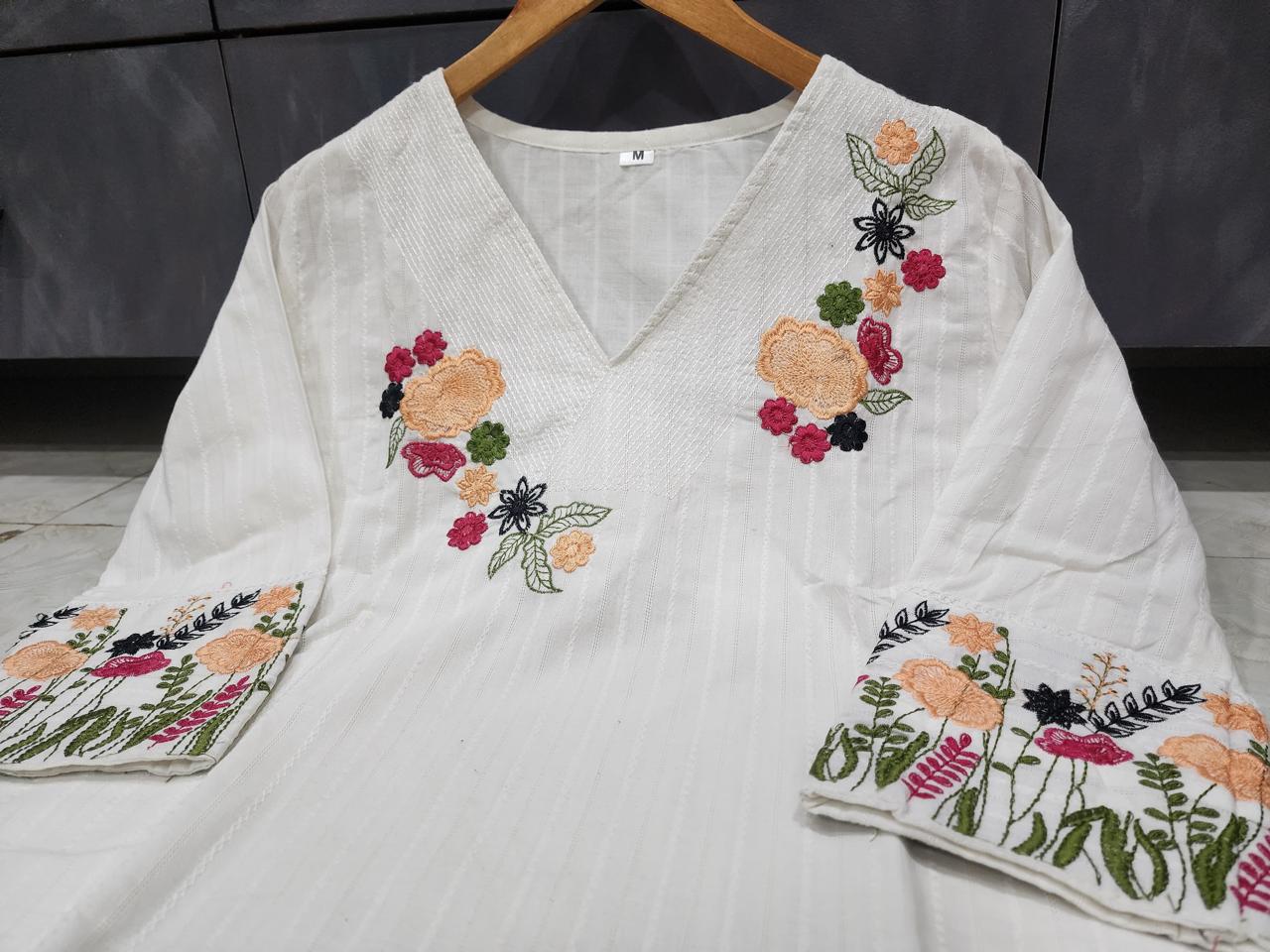 Elegant Embroidered Cotton Suit Set with Sleeves, Border & Full Dupatta | Bagrubazzar