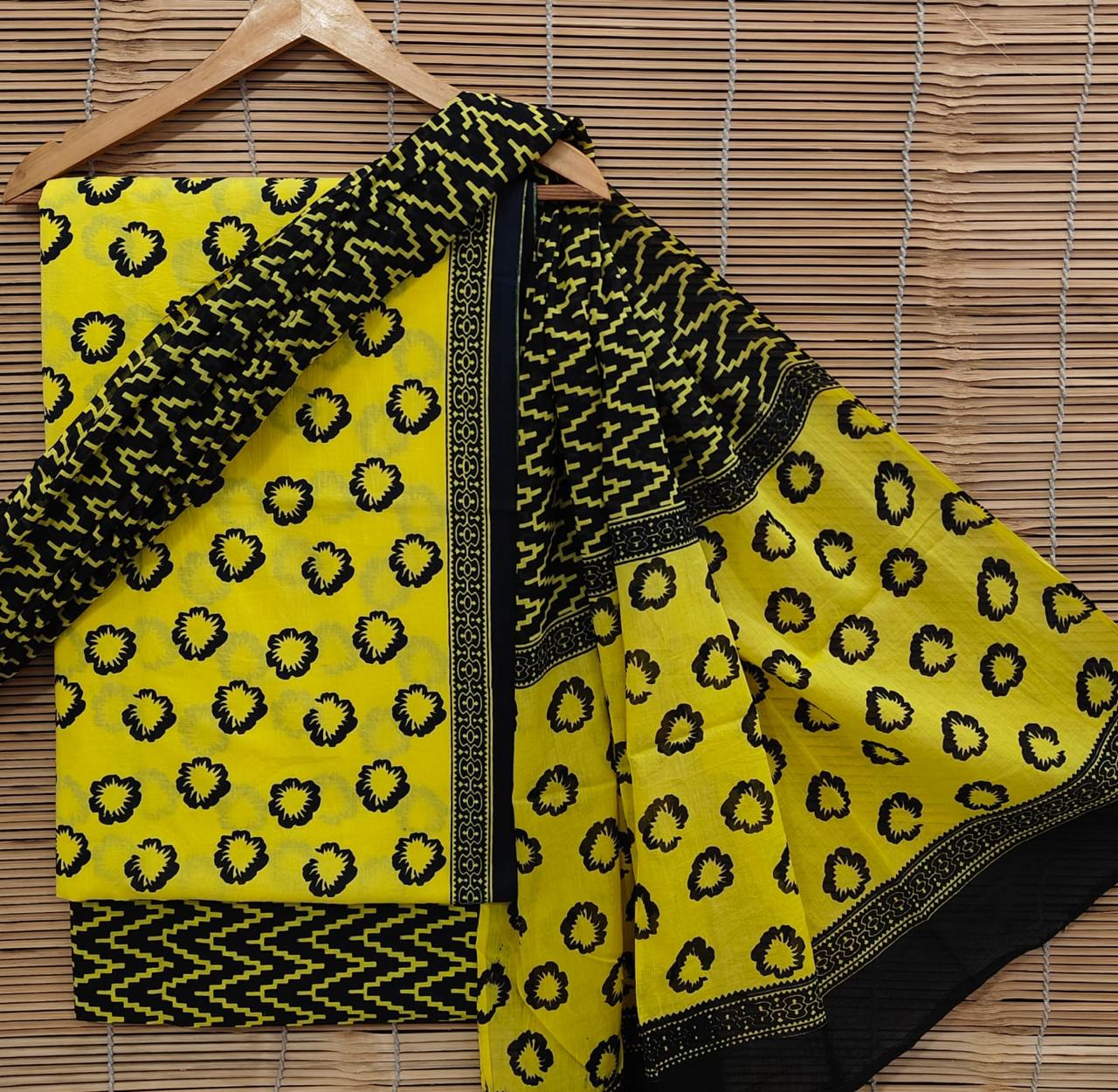 Ladies Unstitched Cotton Suit Set With Cotton Dupatta – Handblock Print by Bagrubazzar