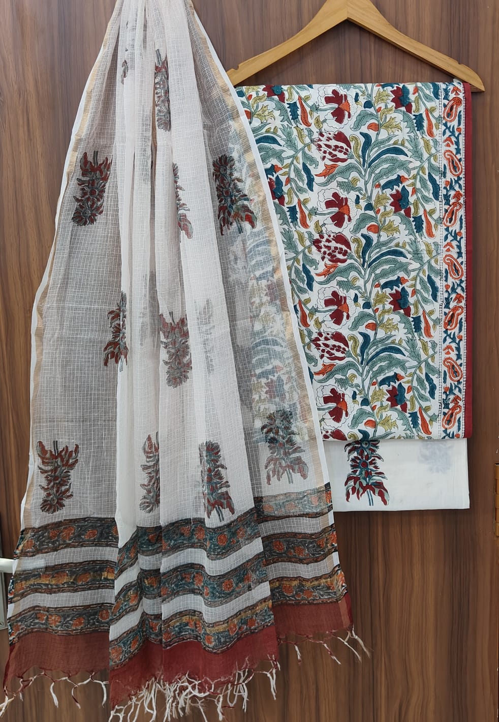Bagrubazzar Traditional Hand Block Cotton Unstitched Suit Set with Kota Doria Dupatta