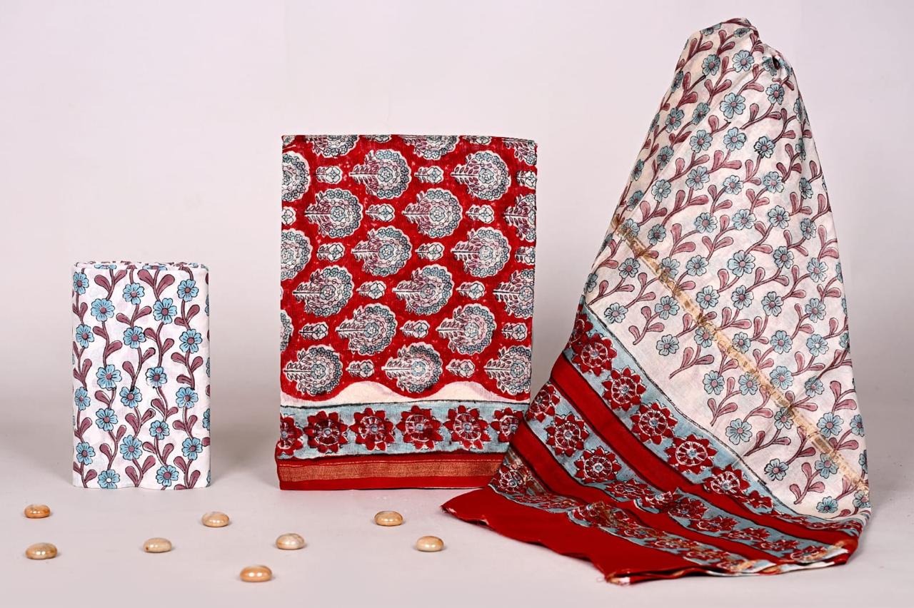 Bagrubazzar Women’s Handblock Print Chanderi Silk Suit Set – Unstitched Ethnic Outfit