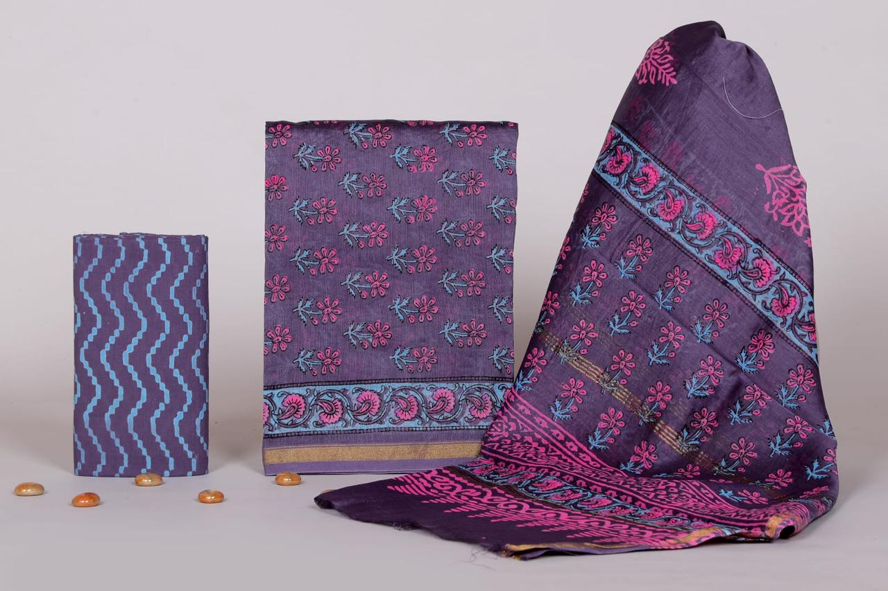 Authentic Jaipur Handblock Printed Chanderi Suit Set – Unstitched Dress Material