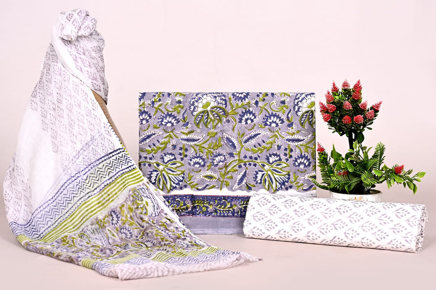 Premium Hand Block Printed Cotton Suit with Chiffon Dupatta – Unstitched Salwar Suit for Women