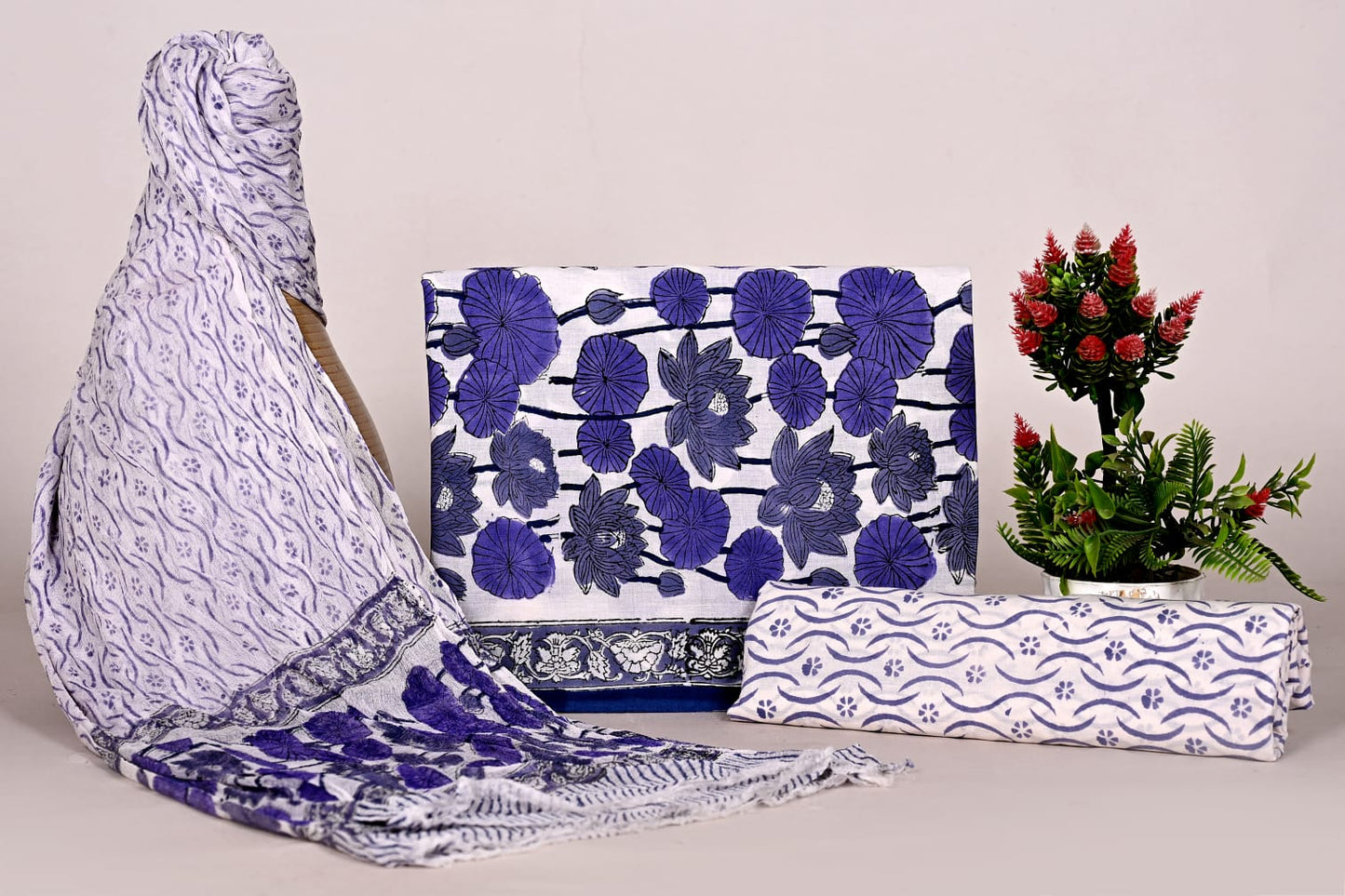 Handblock Print Cotton Suit With Chiffon Dupatta