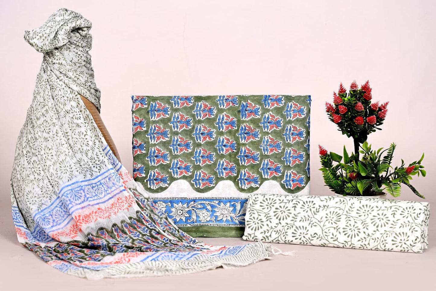 Traditional Indian Handblock Printed Cotton Suit Set with Chiffon Dupatta