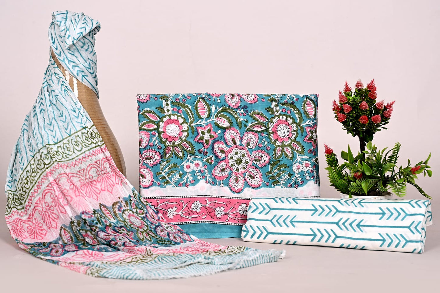 Premium Hand Block Printed Cotton Unstitched Suit with Chiffon Dupatta for Women