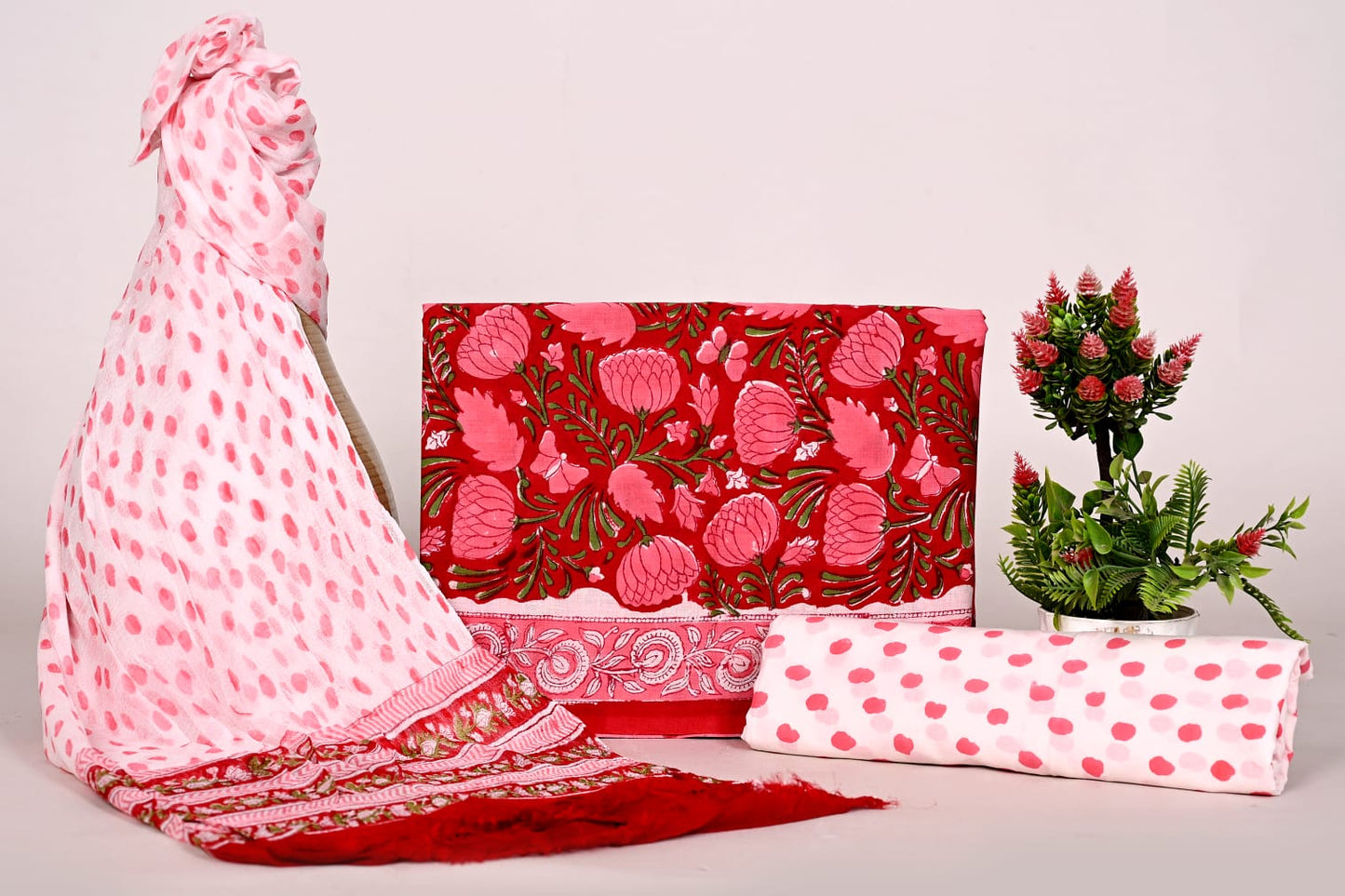 Premium Handblock Printed Cotton Unstitched Suit Set with Chiffon Dupatta
