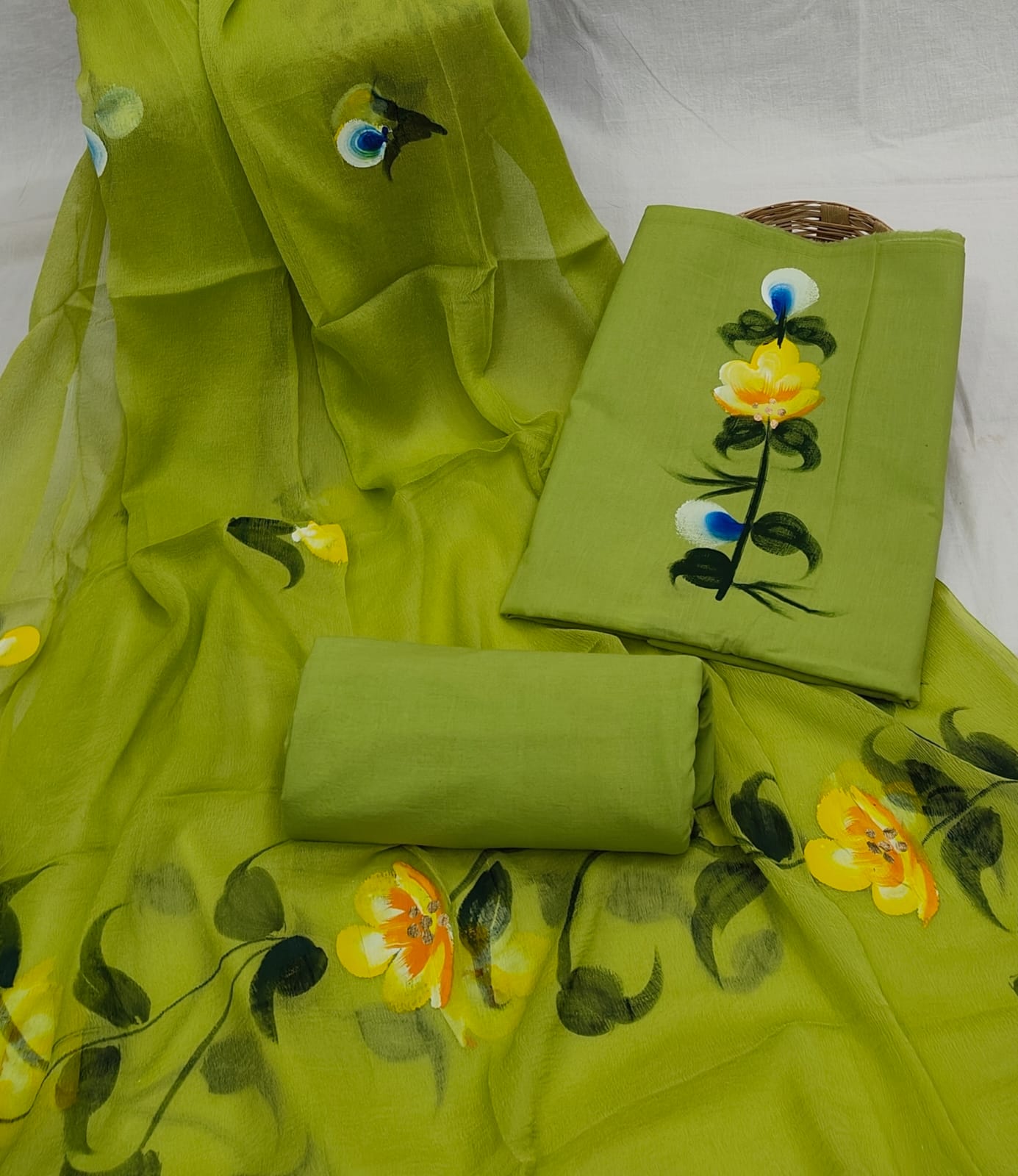 Traditional Hand Block Print Cotton Suit Set with Chiffon Dupatta – Unstitched Dress Material