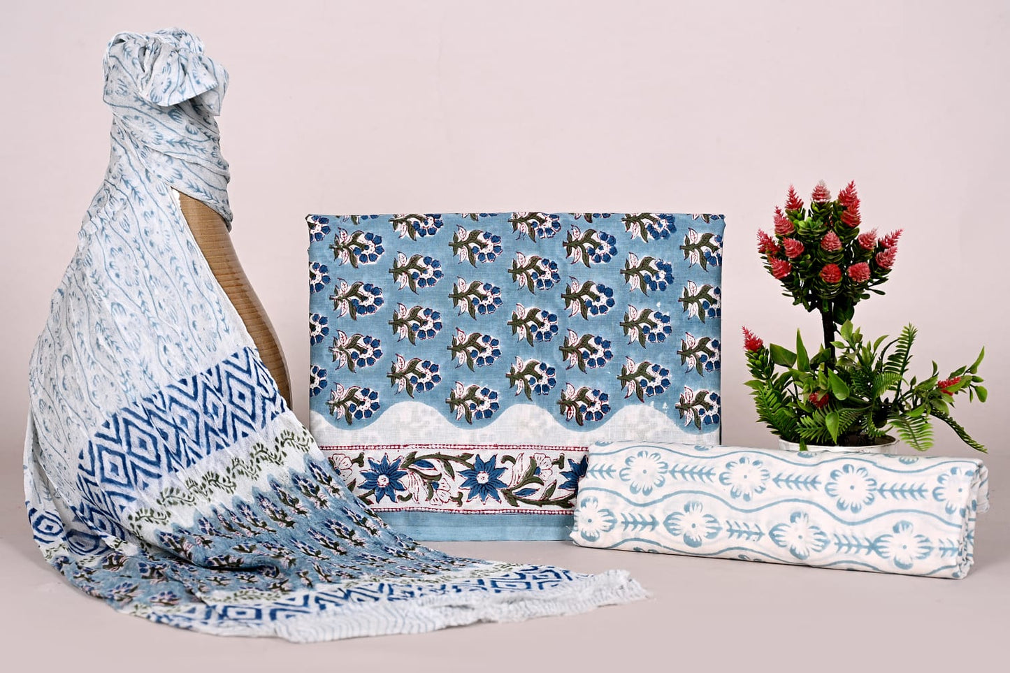 Rajasthani Bagru Handblock Printed Cotton Suit with Chiffon Dupatta – Unstitched Suit Set