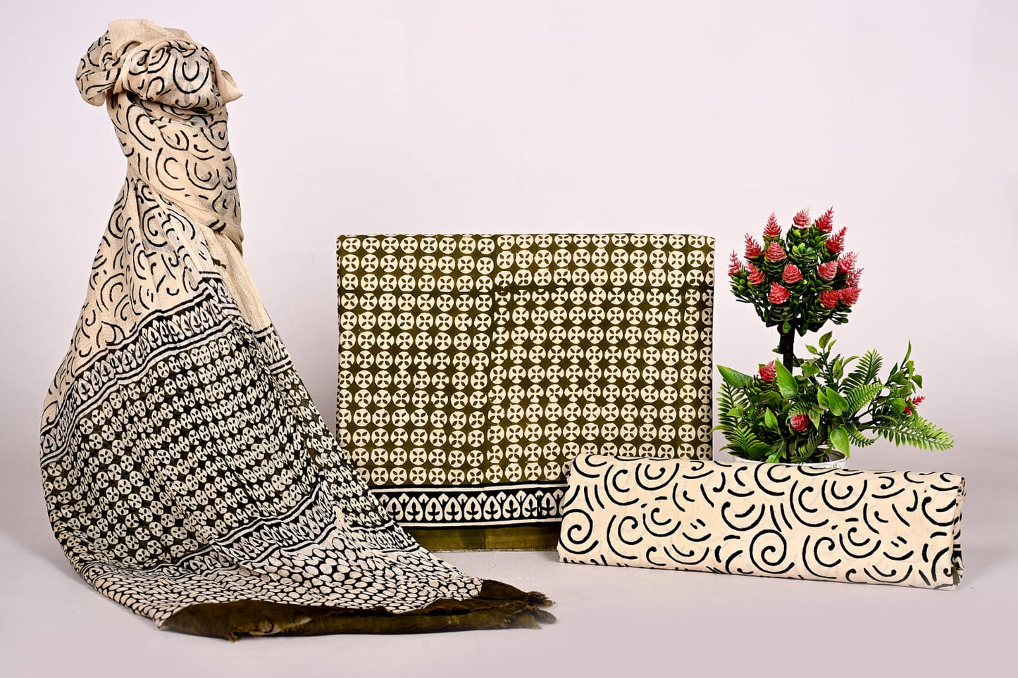 Authentic Bagru Print Unstitched Cotton Suit with Chiffon Dupatta – Jaipur Handblock Ethnic Wear