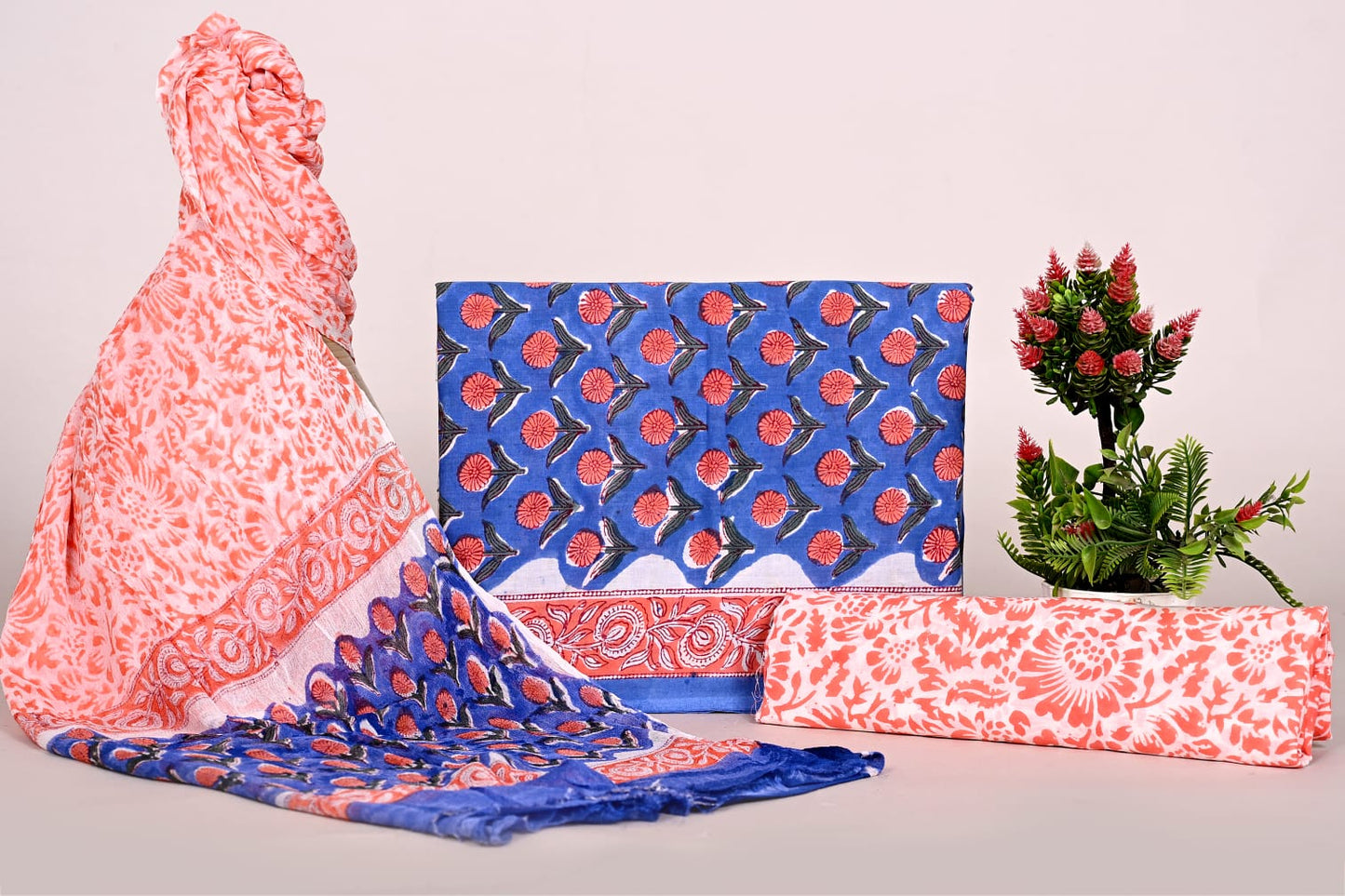Traditional Bagru Print Cotton Suit with Chiffon Dupatta โ Unstitched Handblock Dress Material