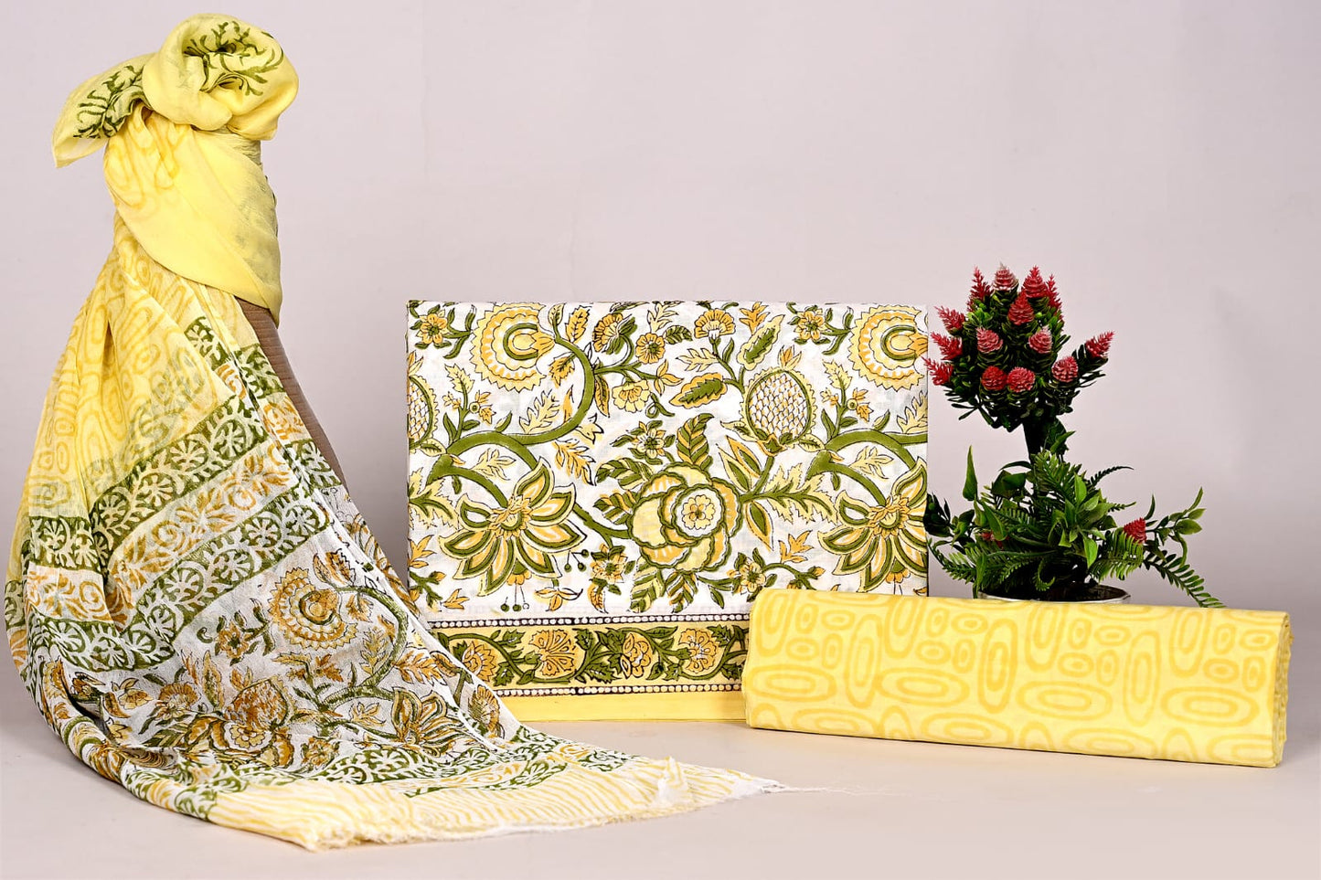 Authentic Jaipur Handblock Cotton Dress Material with Chiffon Dupatta