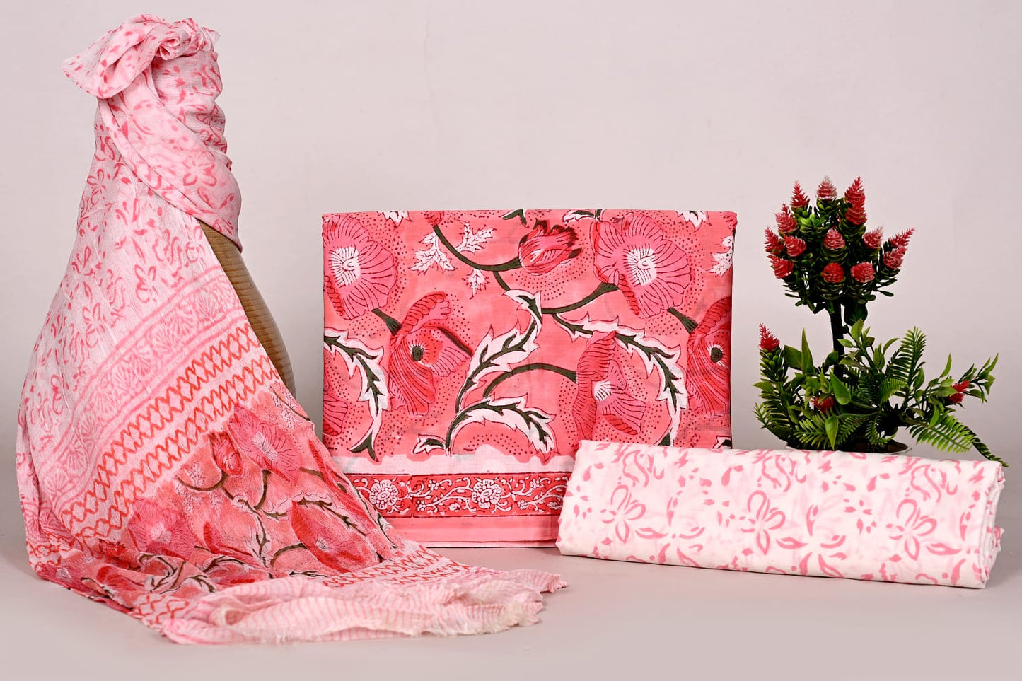 Jaipur Hand Block Print Cotton Unstitched Suit Set with Chiffon Dupatta for Officewear