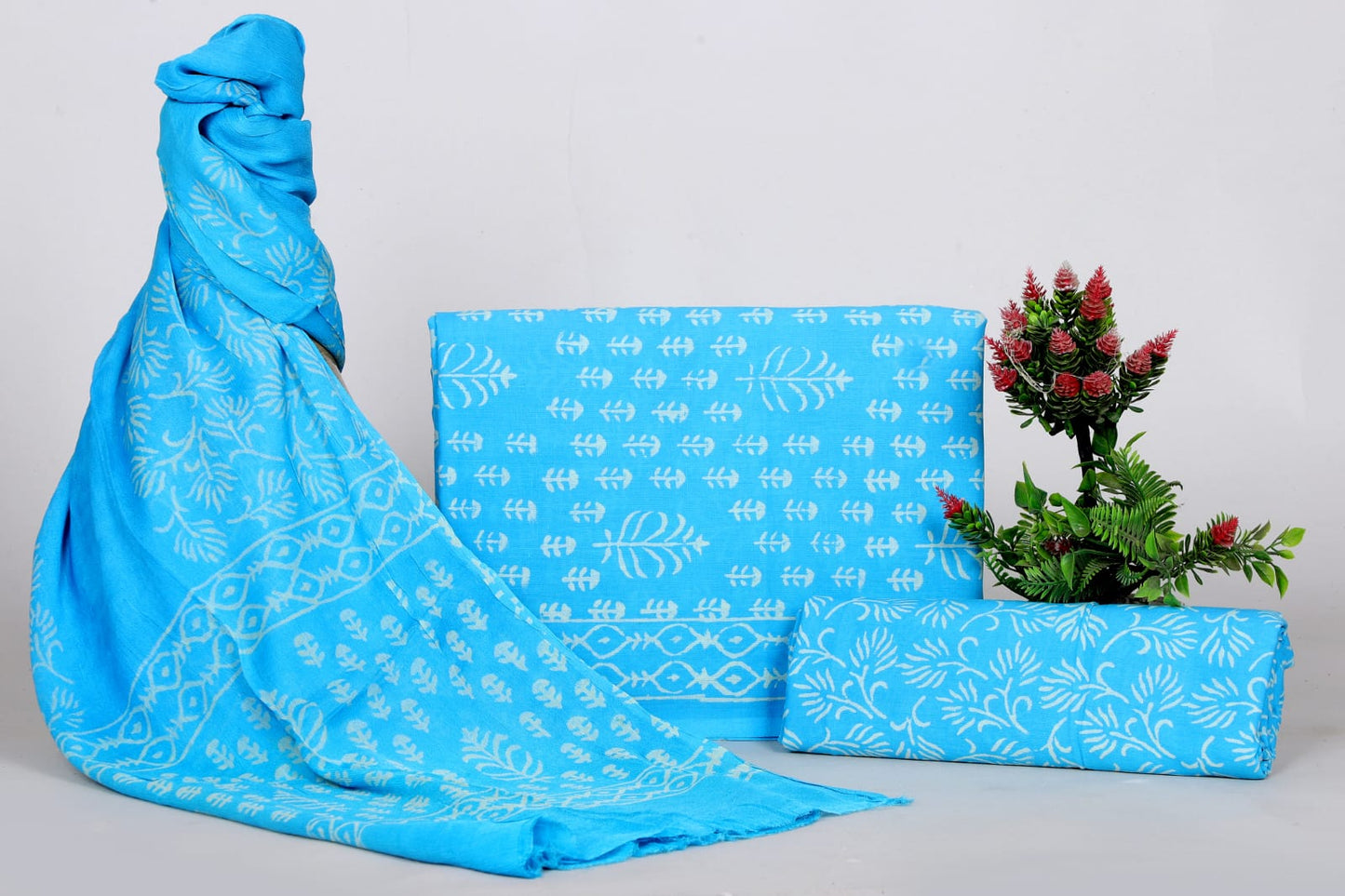 Jaipur Handblock Print Cotton Suit Set with Chiffon Dupatta – Unstitched Women’s Ethnic Wear