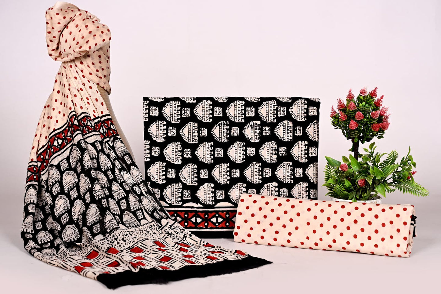Premium Hand Block Printed Cotton Suit with Chiffon Dupatta – Unstitched Salwar Suit for Women