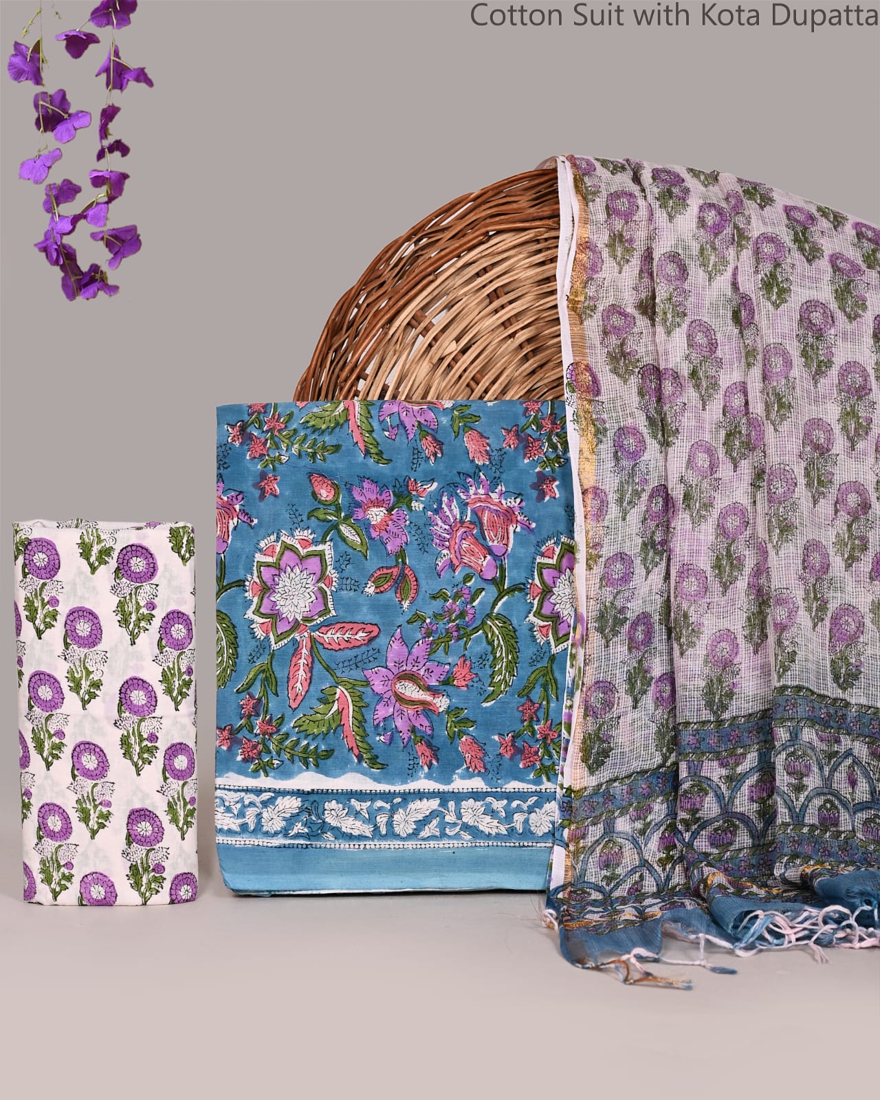 Bagrubazzar Elegant Jaipur Print Cotton Suit Set with Lightweight Kota Doria Dupatta