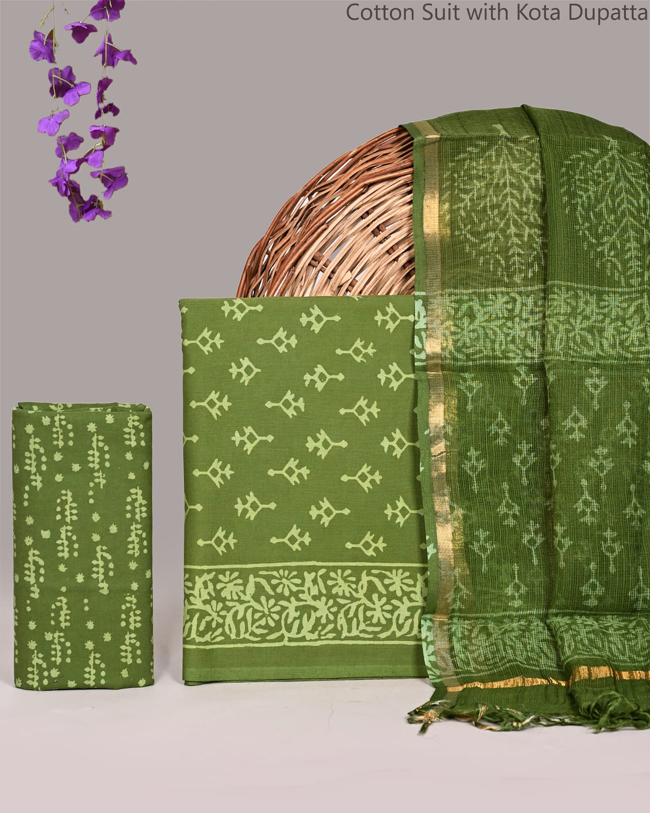 Bagrubazzar Handmade Jaipur Block Print Cotton Suit Set with Kota Doria Dupatta