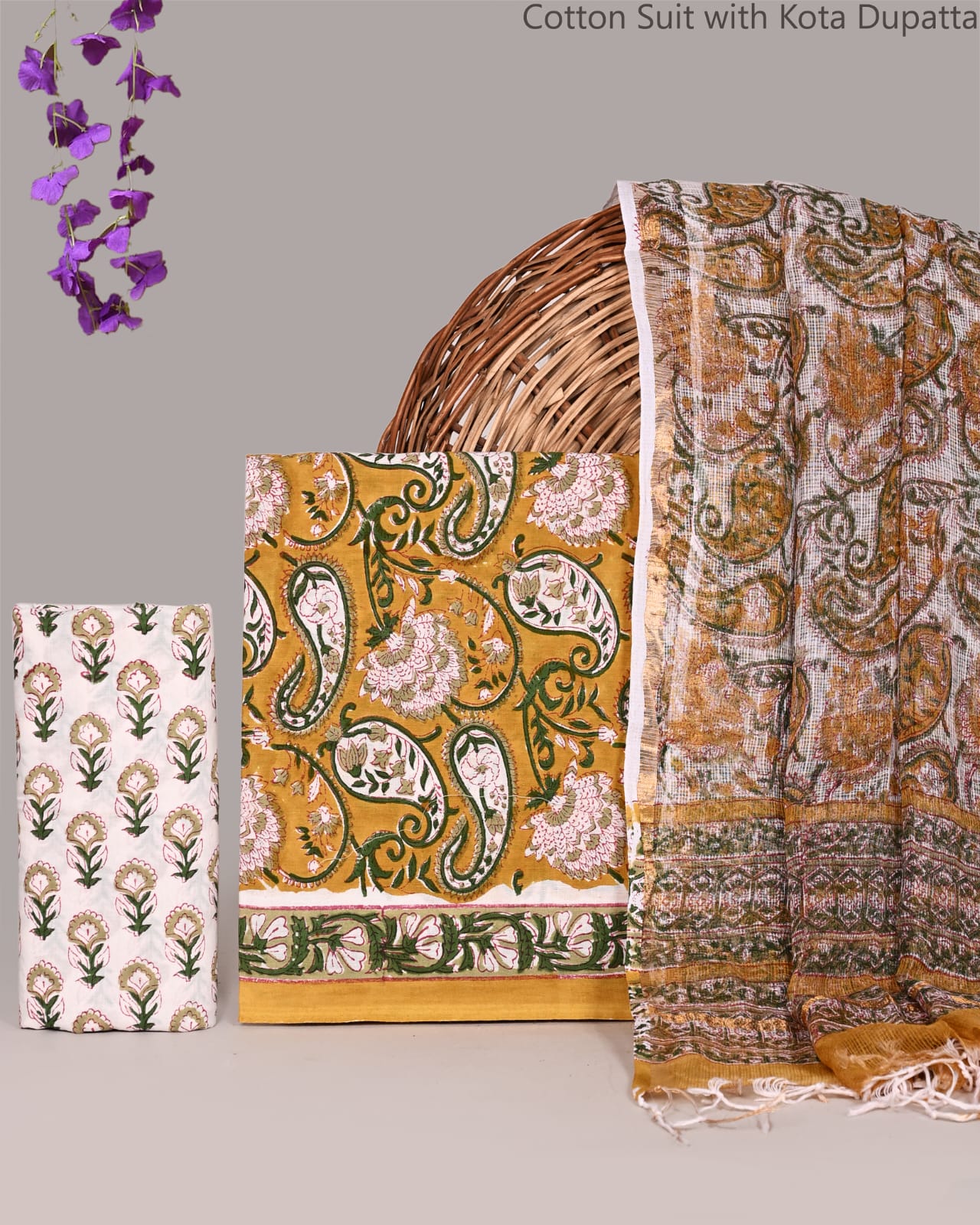 Bagrubazzar Women Handblock Printed Cotton Suit Set with Kota Doria Dupatta