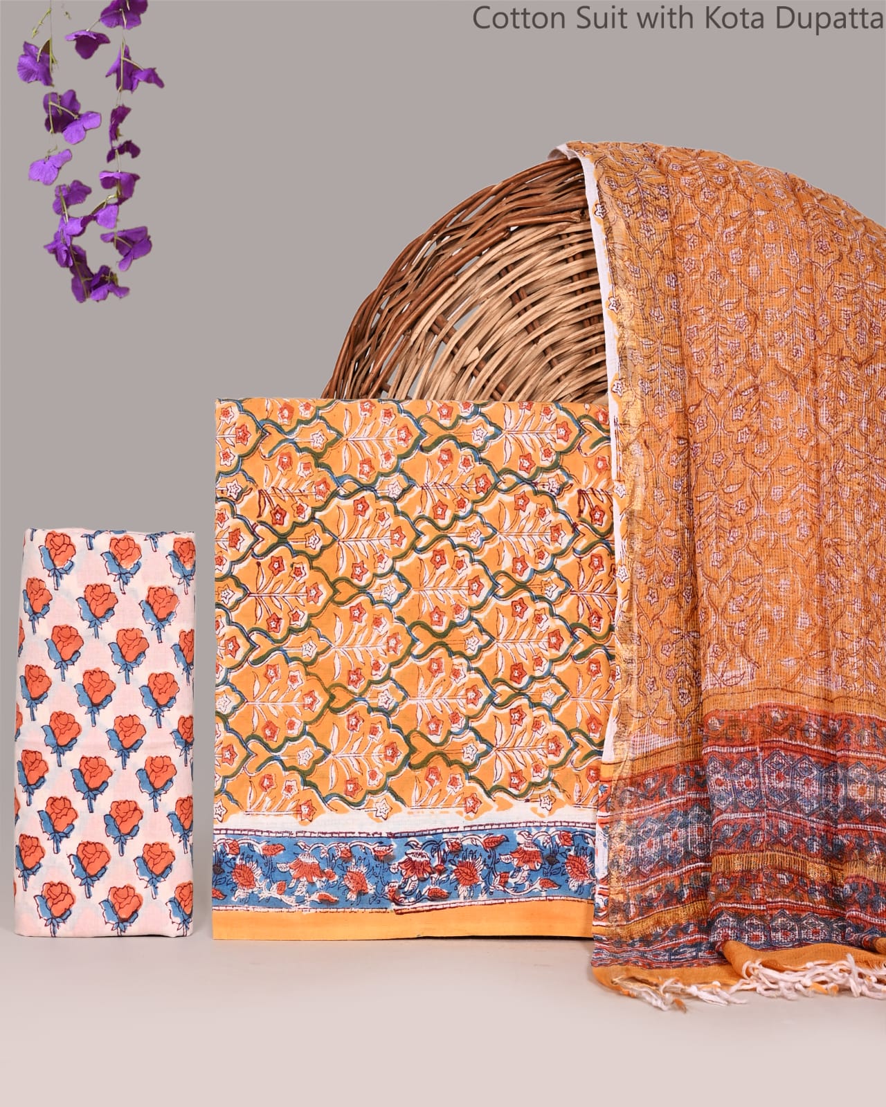 Bagrubazzar Pure Cotton Handblock Printed Suit Set with Kota Doria Dupatta