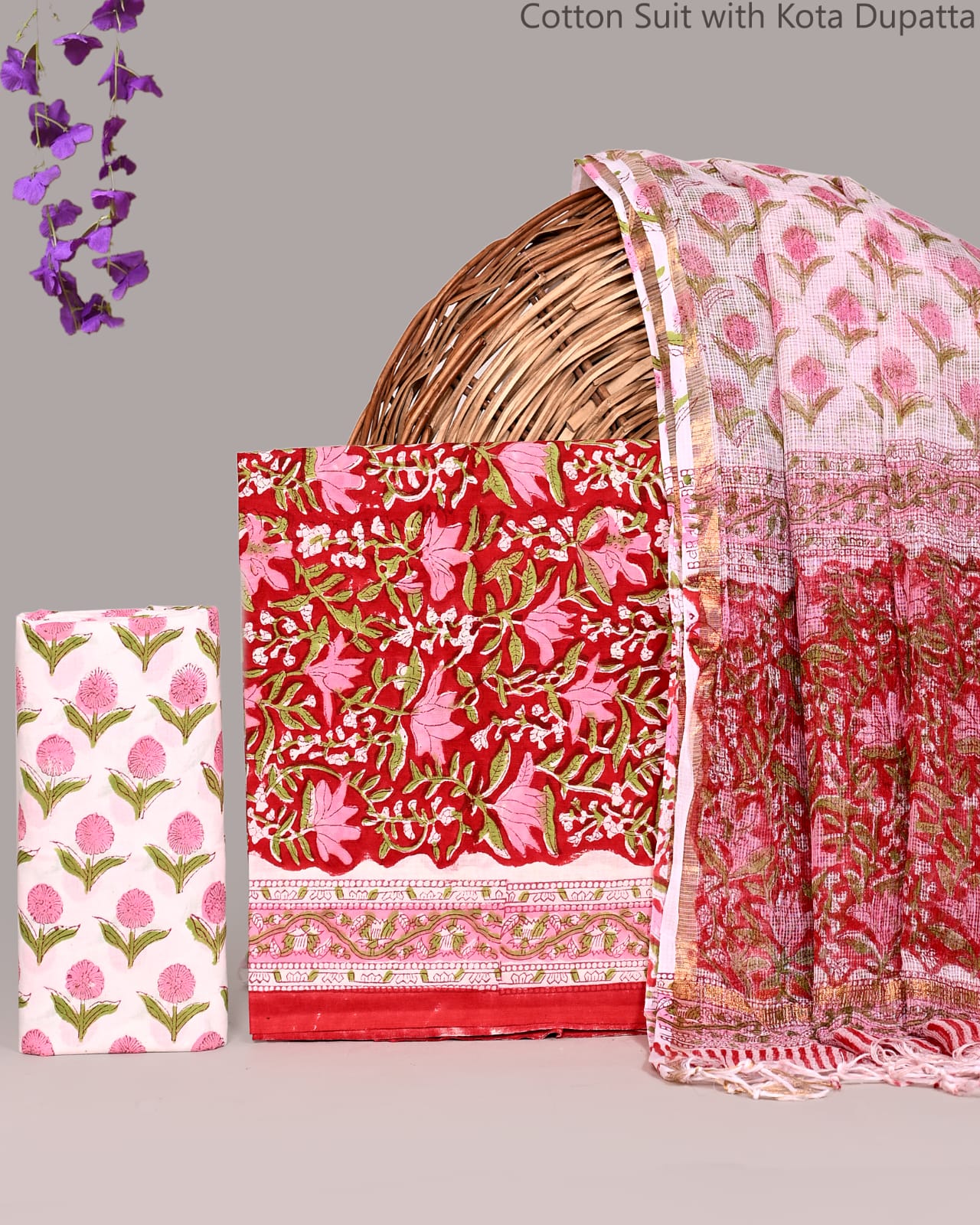 Bagrubazzar Elegant Handblock Printed Cotton Suit Set with Kota Doria Dupatta