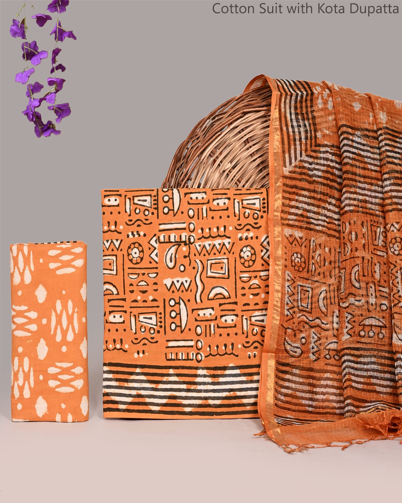 Bagrubazzar Bagru Handblock Print Cotton Unstitched Suit Set with Kota Doria Dupatta