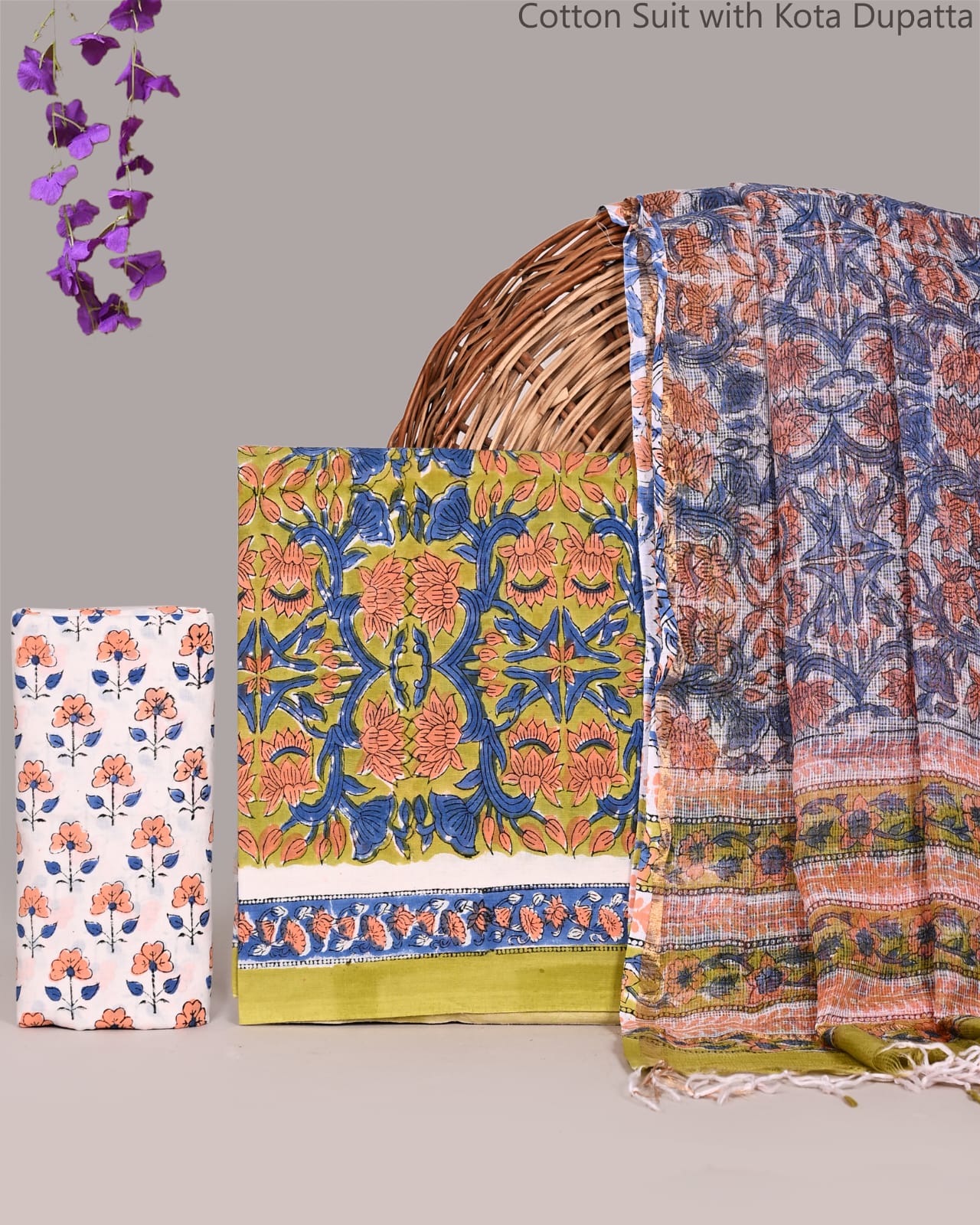 Bagrubazzar Traditional Bagru Handblock Cotton Suit Material with Kota Doria Dupatta