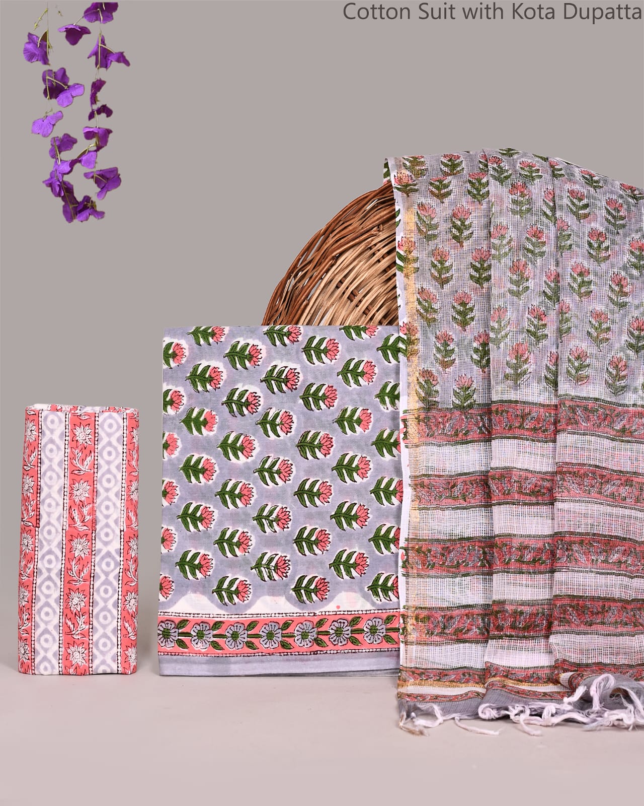 Bagrubazzar Bagru Print Cotton Suit Material with Kota Doria Dupatta