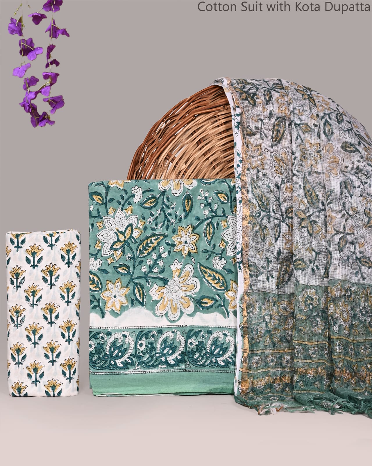 Bagrubazzar Traditional Hand Block Cotton Unstitched Suit Set with Kota Doria Dupatta