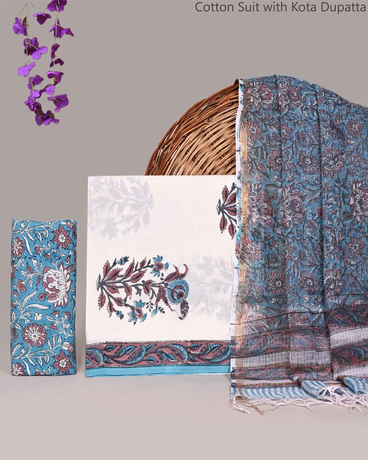 Bagrubazzar Traditional Bagru Print Cotton Unstitched Suit Set with Kota Doria Dupatta