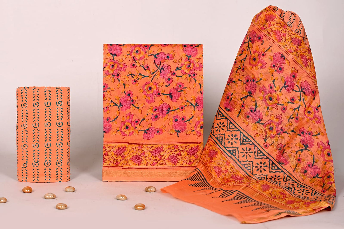 Designer Jaipur Handblock Print Chanderi Unstitched Suit Set with Dupatta