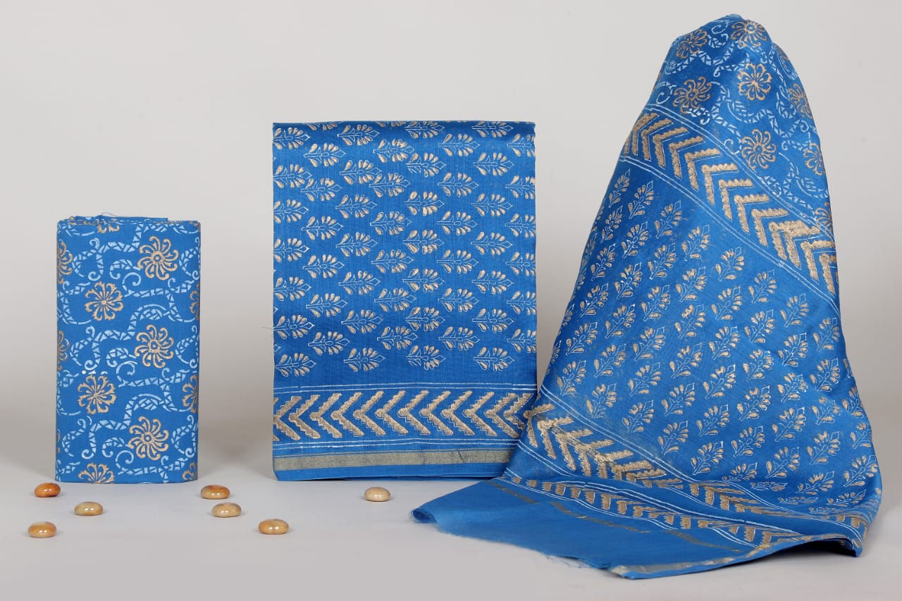 Authentic Jaipur Handblock Printed Chanderi Suit Set โ Unstitched Dress Material
