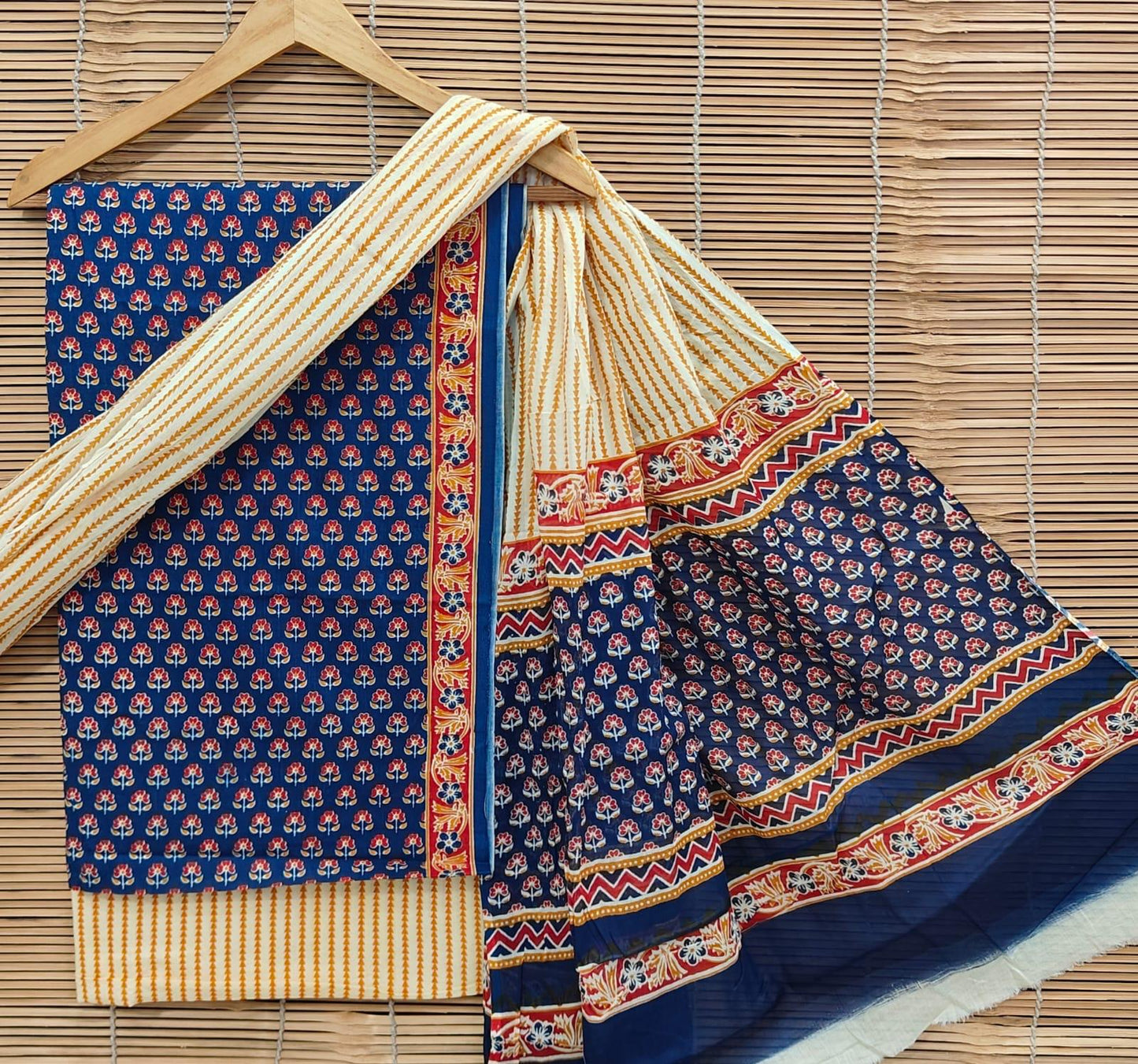 Bagrubazzar Hand Brush Painted Cotton Suit Set Unstitched with Cotton Dupatta