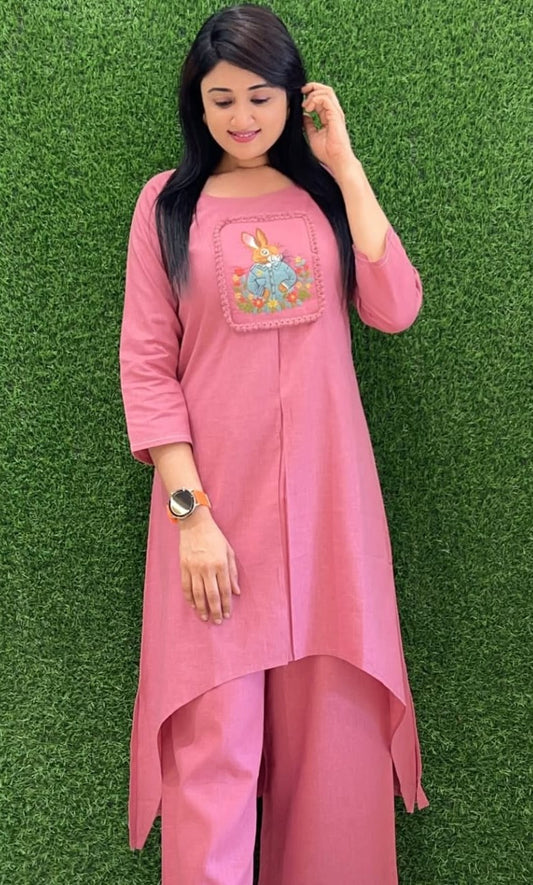 Bagrubazzar Cotton Slub Embroidered Tunic Kurta with Pocket Trousers for Women