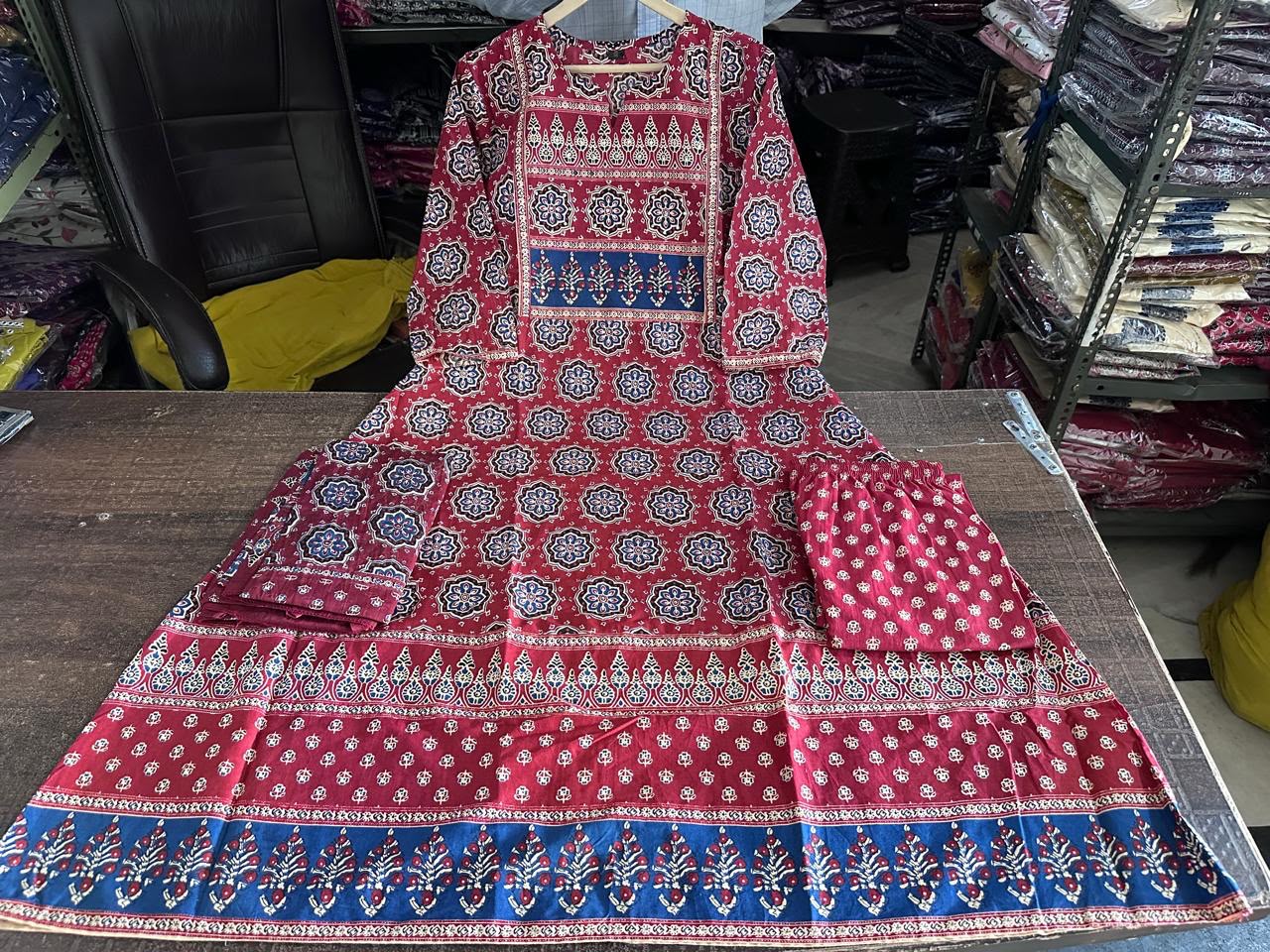 Womens Printed Cotton Anarkali Kurta Pant Dupatta Set Bagrubazzar