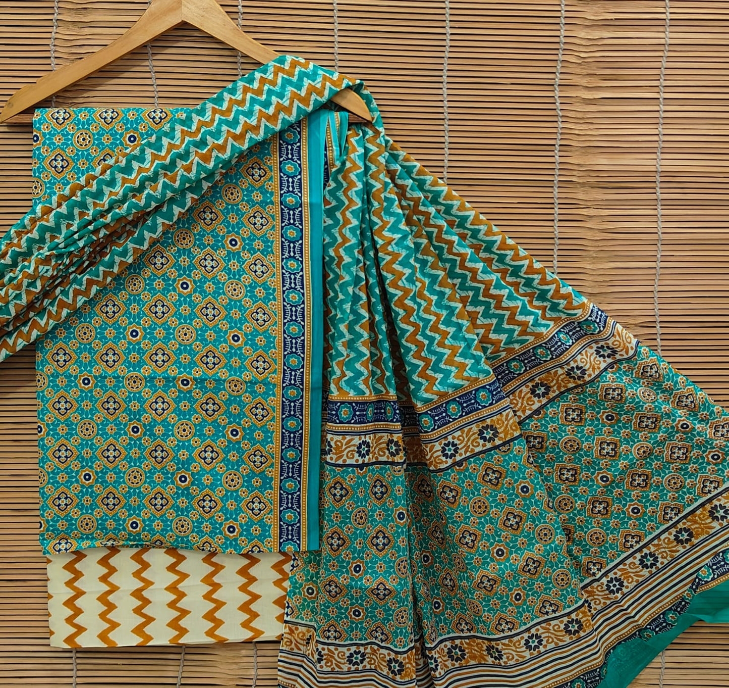 Unstitched Cotton Ladies Suit with Handblock Print & Cotton Dupatta โ Bagrubazzar Designer Set (BBCOTCO04)