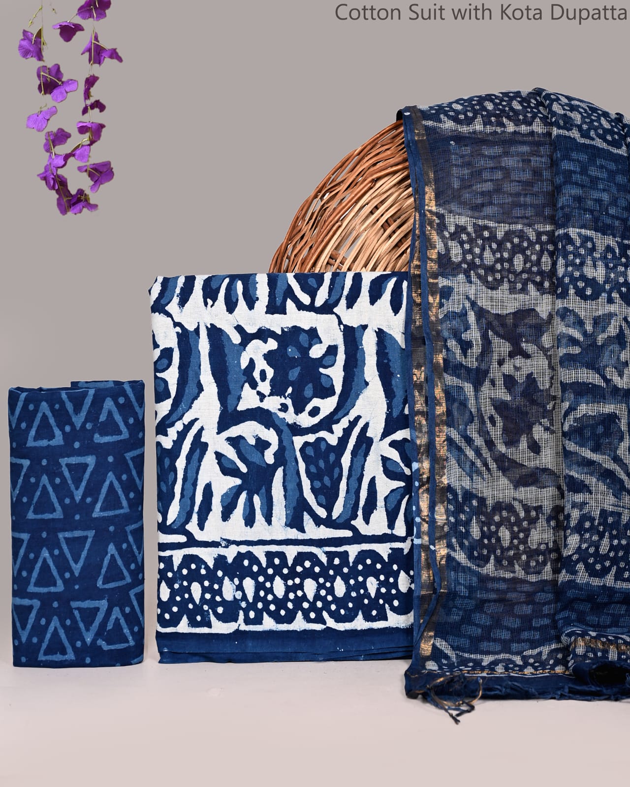 Women’s Ethnic Handblock Print Cotton Suit with Kota Doria Dupatta | Unstitched Dress Material