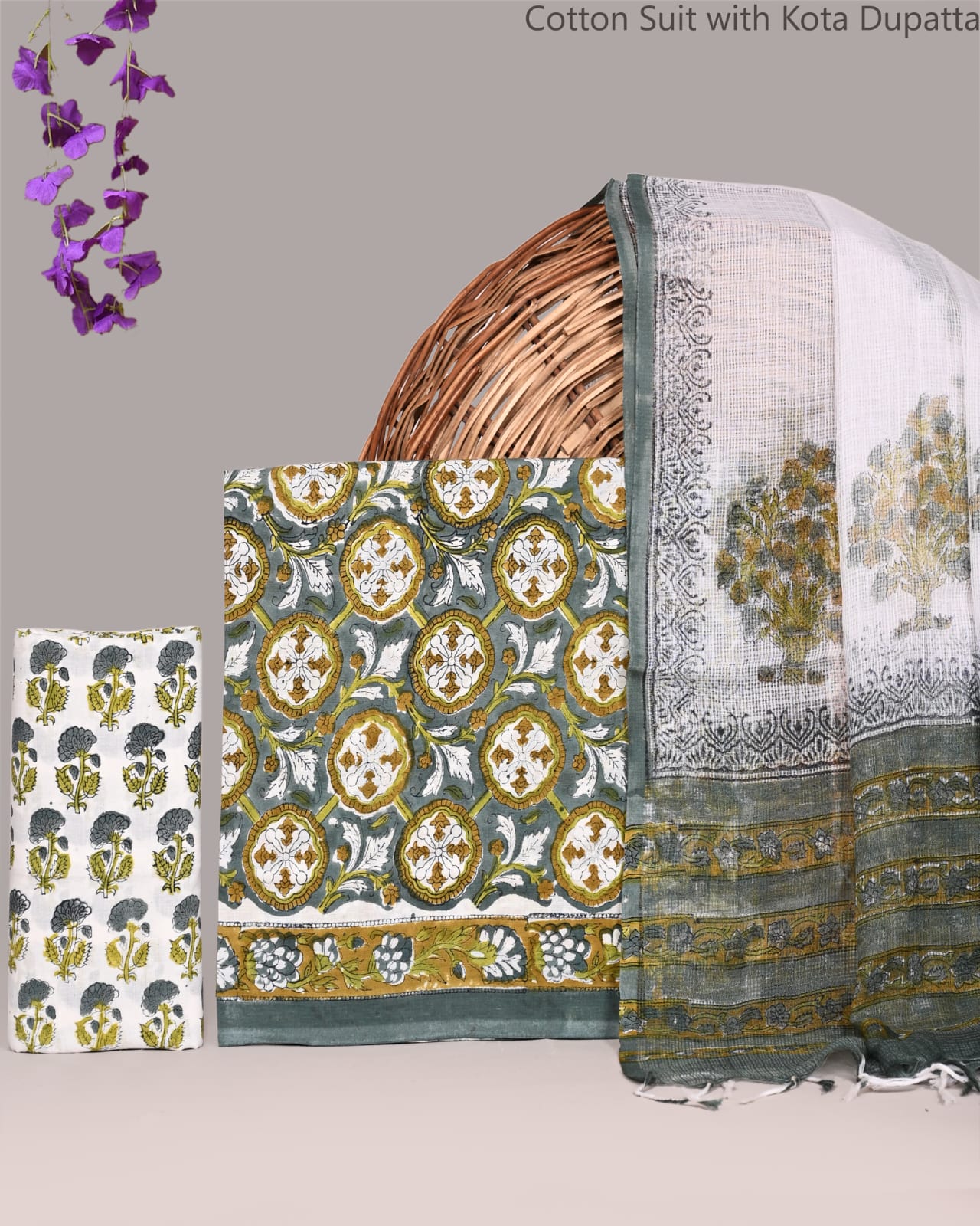 Pure Cotton Handblock Print Suit with Kota Doria Dupatta | Women’s Ethnic Suit Set