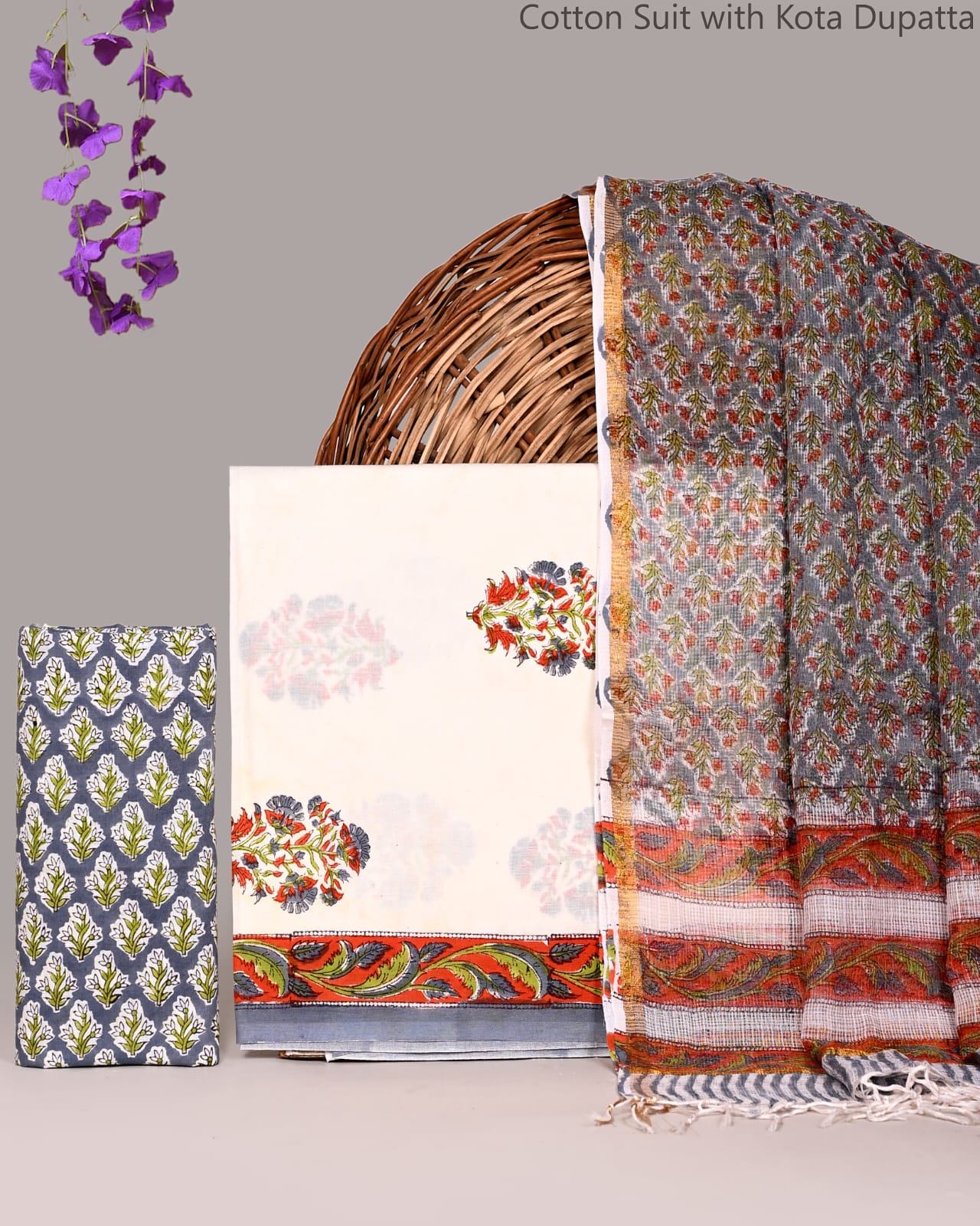 Bagrubazzar Bagru Hand Block Print Cotton Unstitched Suit Set with Kota Doria Dupatta